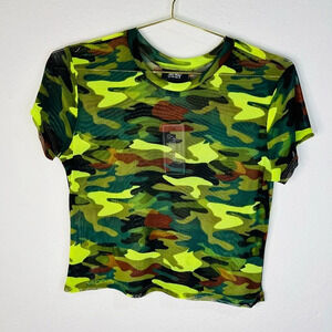 Just Polly Green Camouflage Short Sleeve Mesh Shirt Size XL
